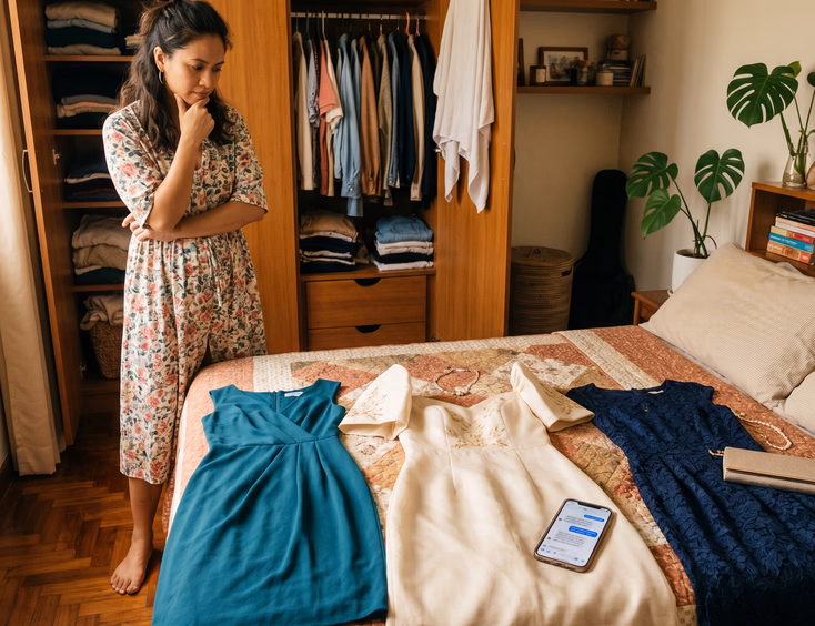 Filipina woman deciding on a vow renewal outfit from dresses laid out on her bed.