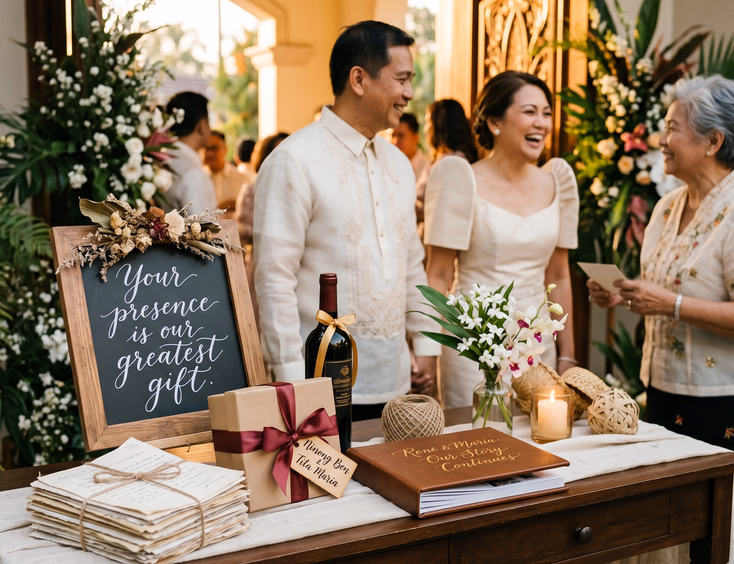 Warmly styled gift table at a Filipino vow renewal with a custom sign reading, 'Your presence is our greatest gift.'
