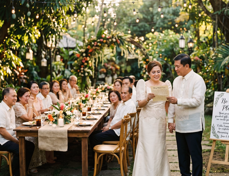 An intimate Filipino garden vow renewal with a small group of guests seated at one long table, politely declining traditional gifts with a custom sign.