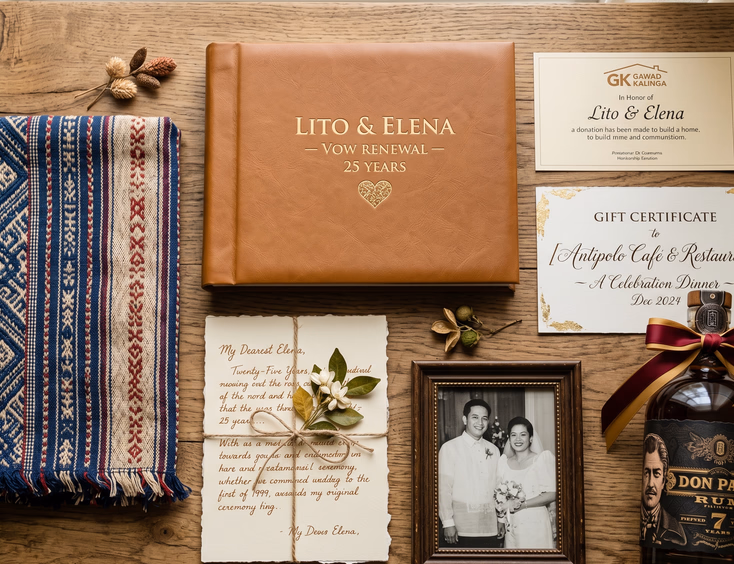 Overhead flat-lay of meaningful Filipino vow renewal gifts, including a custom photo book, inabel runner, local rum, and donation card.