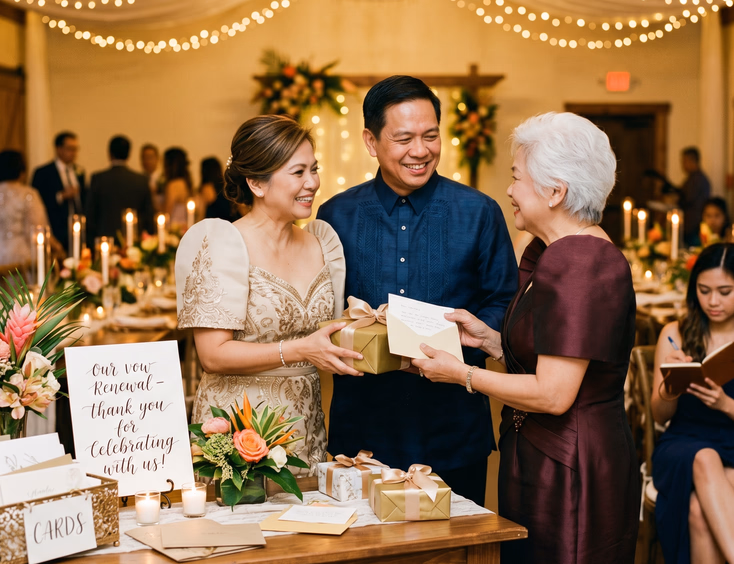 A mature Filipino couple gratefully accepting a gift and card from an aunt at their warmly lit vow renewal reception gift table.