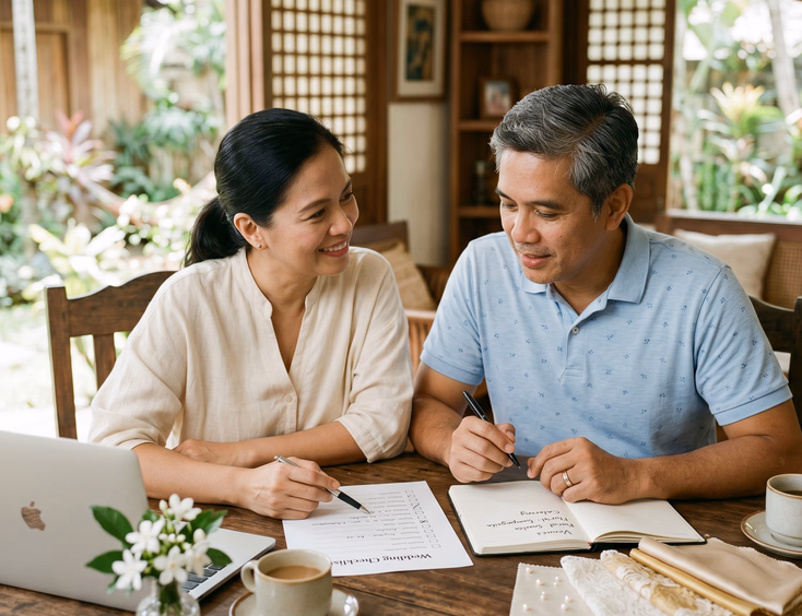 Filipino couple in their 40s planning an event together at a wooden dining table at home.
