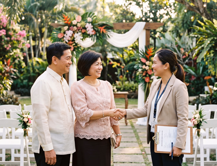 Filipino couple in their 50s meeting an event coordinator at an elegant garden venue in the Philippines.