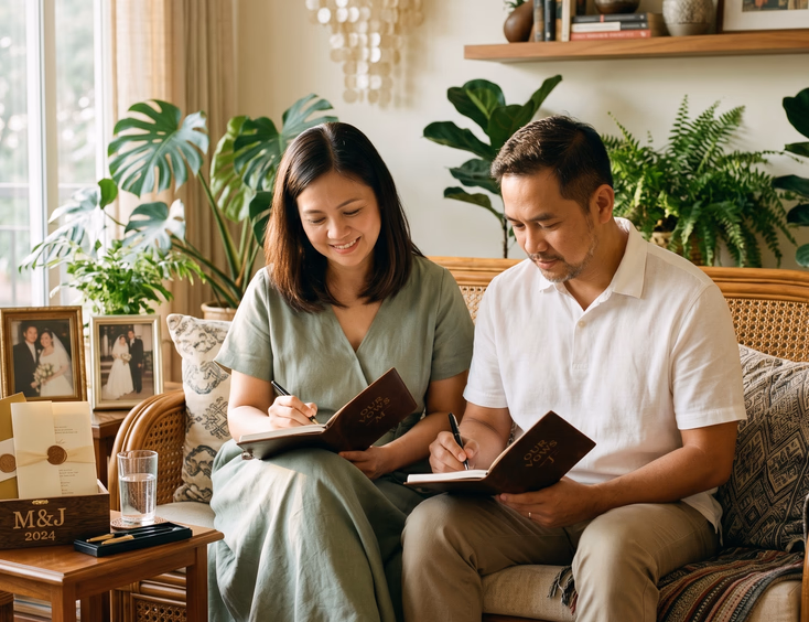 Filipino couple in their 40s writing vows in journals on a rattan sofa at home.