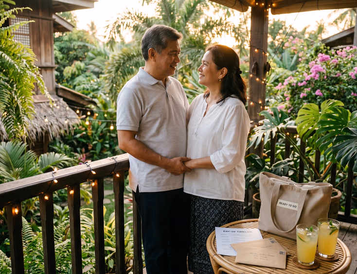 Filipino couple in their 50s holding hands quietly on a wooden balcony with lush tropical plants.