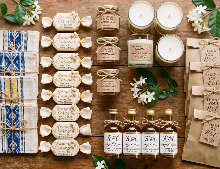 Styled flat-lay of Filipino vow renewal favors on wood featuring calamansi marmalade, polvoron, and inabel coasters.