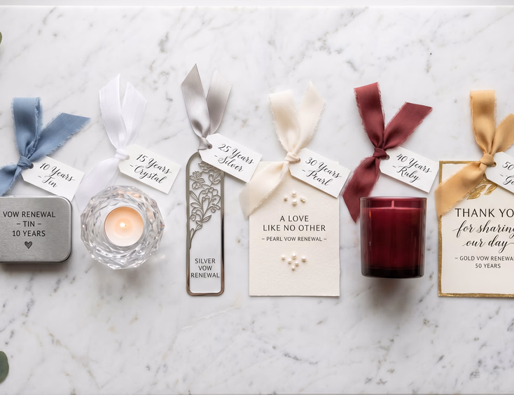 Flat-lay of milestone anniversary-themed Filipino vow renewal favors on marble, ranging from tin to gold.