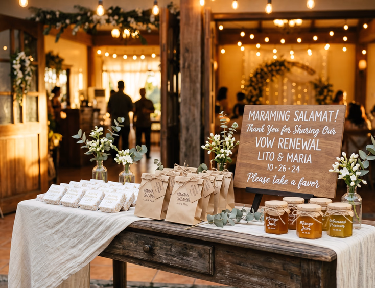 A styled Filipino vow renewal favor table with personalized polvoron, jam jars, and a thank you sign at a venue entrance.
