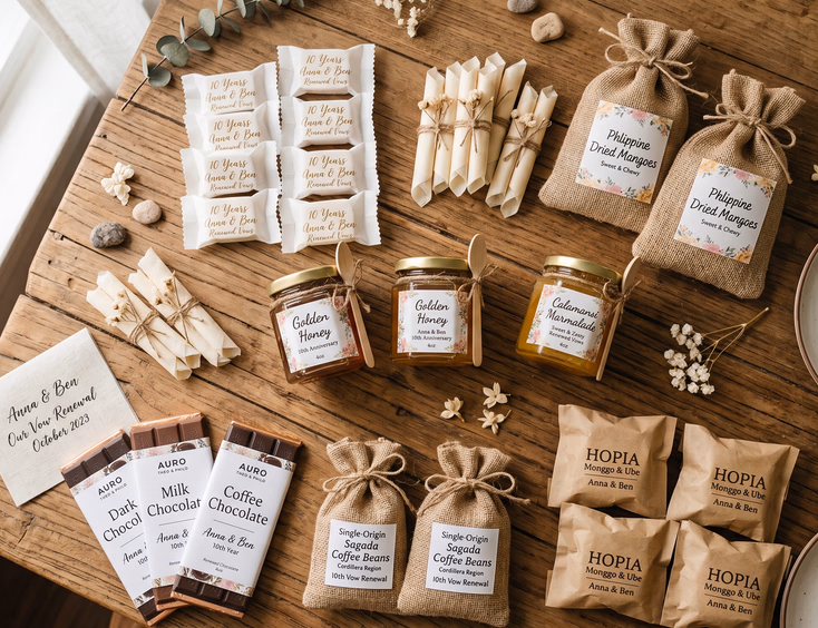 Overhead flat-lay of edible Filipino vow renewal favors on wood, including polvoron, dried mango, and Sagada coffee.