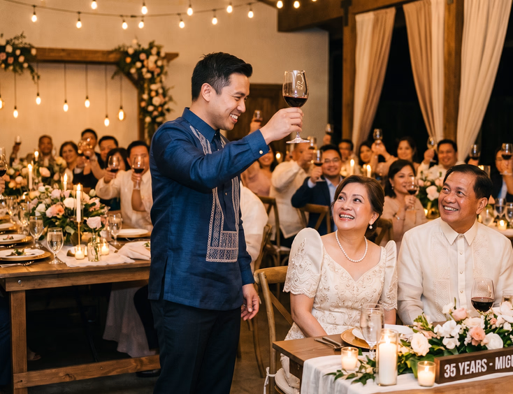 Filipino son raising a wine glass to toast his parents at a traditional vow renewal reception.