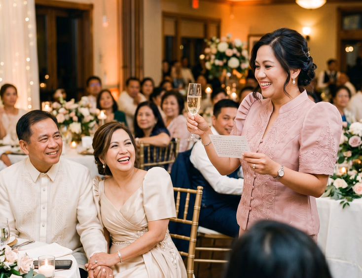 Filipina woman in a pastel Filipiniana giving a champagne toast to her brother and sister-in-law at a vow renewal.