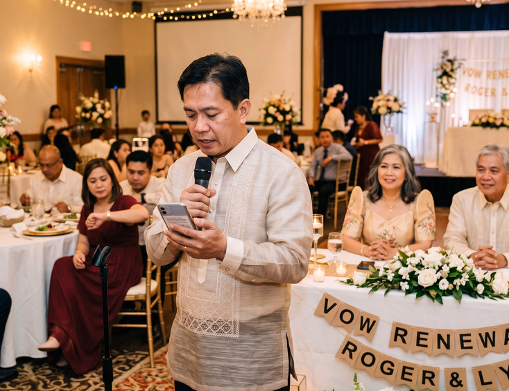 Filipino man reading a reception speech from his phone while the renewing couple watches.