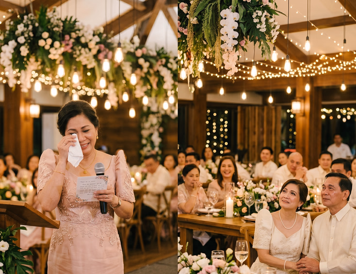 Emotional Filipina best friend wiping away tears while giving a toast at a vow renewal reception.