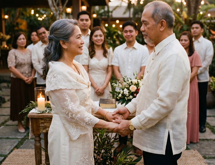 Intimate Filipino couple vow renewal ceremony in traditional Filipiniana and barong, holding hands with adult children in the background.