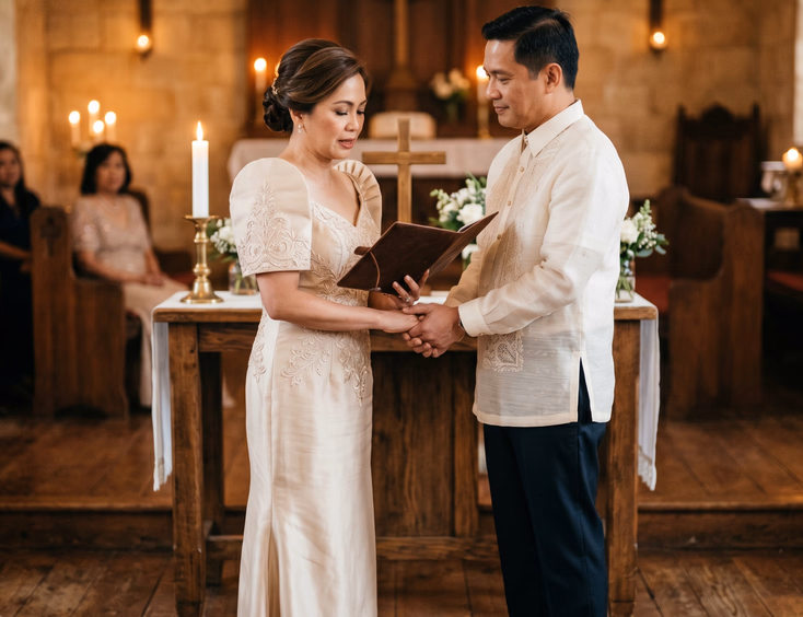Filipino couple renewing vows in traditional attire at a candlelit chapel, wife reading from a leather folder.