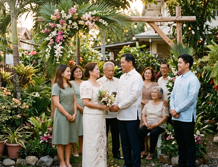Intimate home garden Filipino couple vow renewal under a handmade floral arch with family.