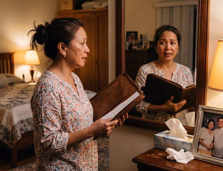 Filipina woman in her 50s practicing her vow renewal speech in a bedroom mirror, holding a leather folder.