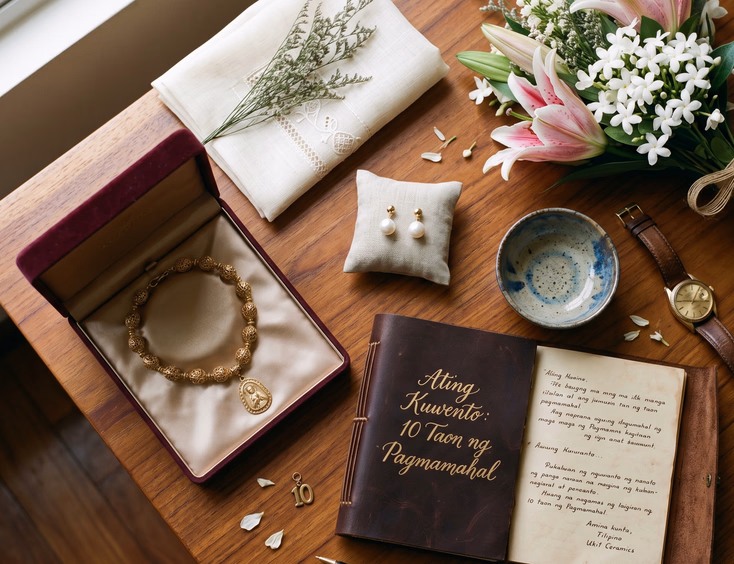 Overhead flat lay on a narra wood table showcasing a curated collection of traditional Filipino anniversary gifts.