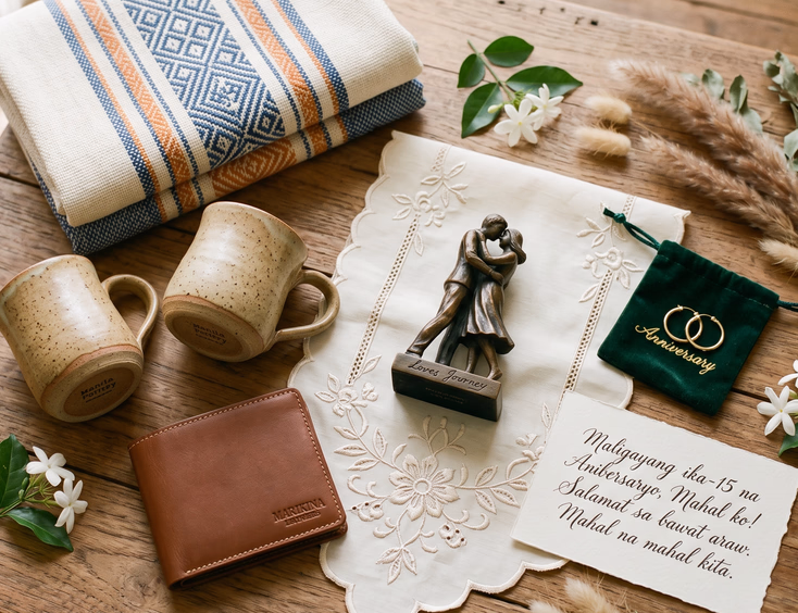Close-up flat lay on a wooden table displaying thoughtful Filipino anniversary gifts for intermediate marriage years.