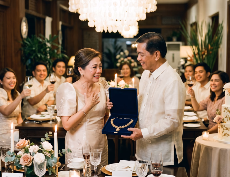 Filipino husband gifting a gold tamburin necklace to his wife during a milestone anniversary dinner celebration.
