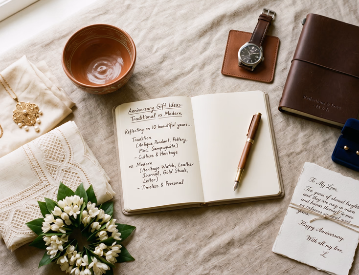 Overhead flat lay comparing traditional and modern Filipino anniversary gift ideas side by side.