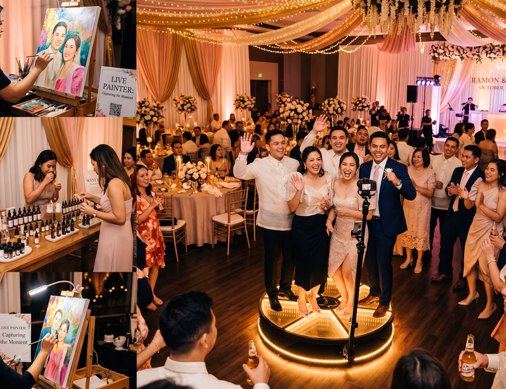 Filipino wedding reception guests enjoying a 360 video booth experience at a nighttime ballroom celebration with live painter and scent bar in the background