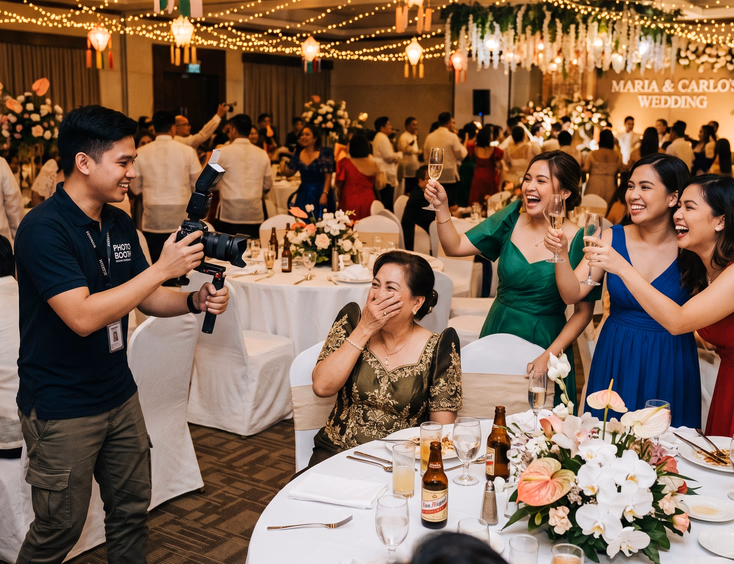 Filipino wedding reception guests laughing and posing with a roving photo booth operator as a lola and group of women celebrate at a banquet table