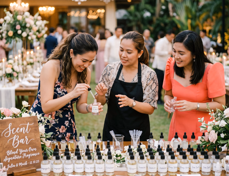 Filipino wedding guests exploring a styled scent bar station guided by an attendant blending personalized fragrances at a reception cocktail table