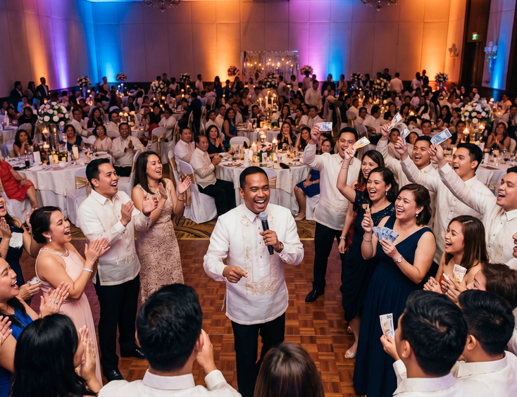 Filipino wedding reception emcee leading a lively ballroom game as guests cheer and wave peso bills under colorful uplighting