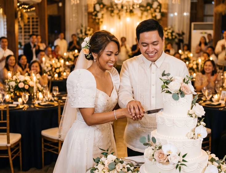 Filipino bride and groom cutting their wedding cake together at a warmly lit Filipiniana-inspired reception, bride in modern Filipiniana gown and groom in barong tagalog