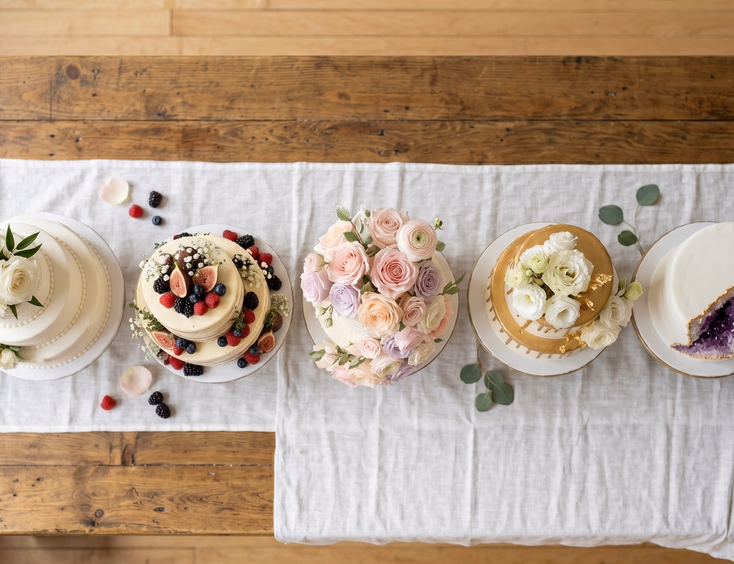 Five wedding cake styles arranged on a linen-draped table including fondant, naked, floral, drip, and geode cakes on gold stands in soft natural light