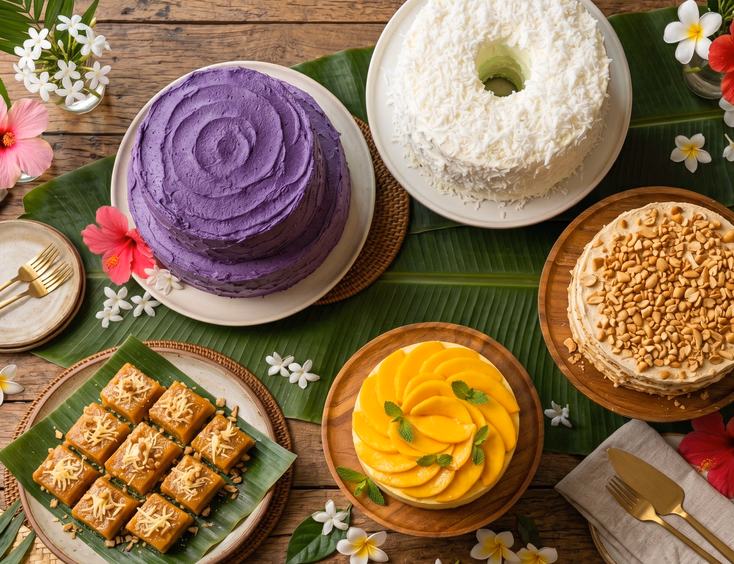Overhead view of a Filipino wedding dessert spread featuring ube cake, pandan chiffon, yema squares, mango cake, and sans rival on a wooden banquet table decorated with tropical flowers and banana leaves