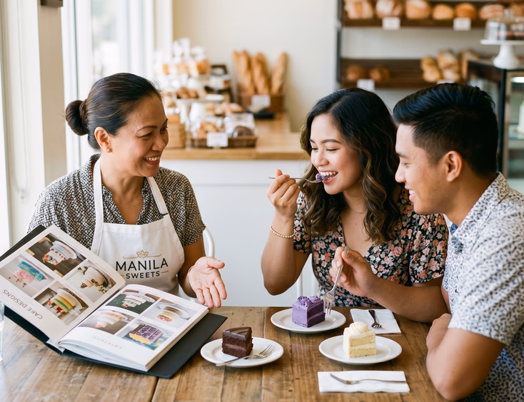 Filipino couple tasting wedding cake samples with a Filipino baker during a cake consultation in a bright bakery, reviewing cake designs from a portfolio book