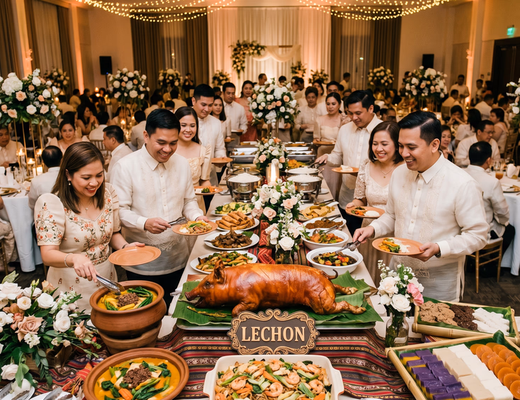 Filipino wedding reception buffet spread with golden-brown lechon as the centerpiece surrounded by kare-kare, pancit, and kakanin, with guests in formal attire and floral centerpieces in the background