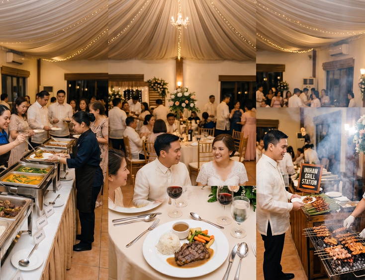 Three Filipino wedding catering styles side by side in a banquet hall showing a buffet line with a server, a plated dinner table setting, and a live inihaw grill station with a chef