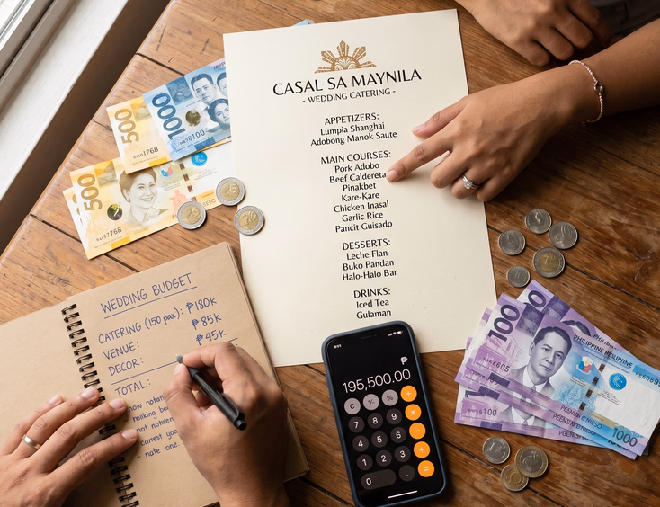 Overhead flat lay of Filipino wedding catering planning materials including a printed menu, peso bills and coins, smartphone calculator, and a couple's hands reviewing budget notes on a wooden table
