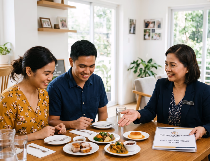 Filipino couple tasting sample portions of lechon, kare-kare, and leche flan with a catering manager reviewing a printed contract in a bright tasting room
