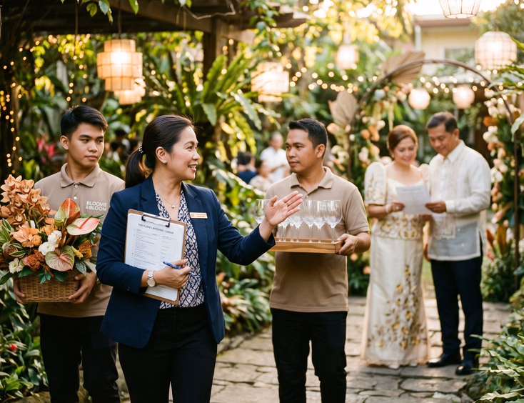Filipino wedding coordinator directing vendors during an outdoor garden vow renewal.