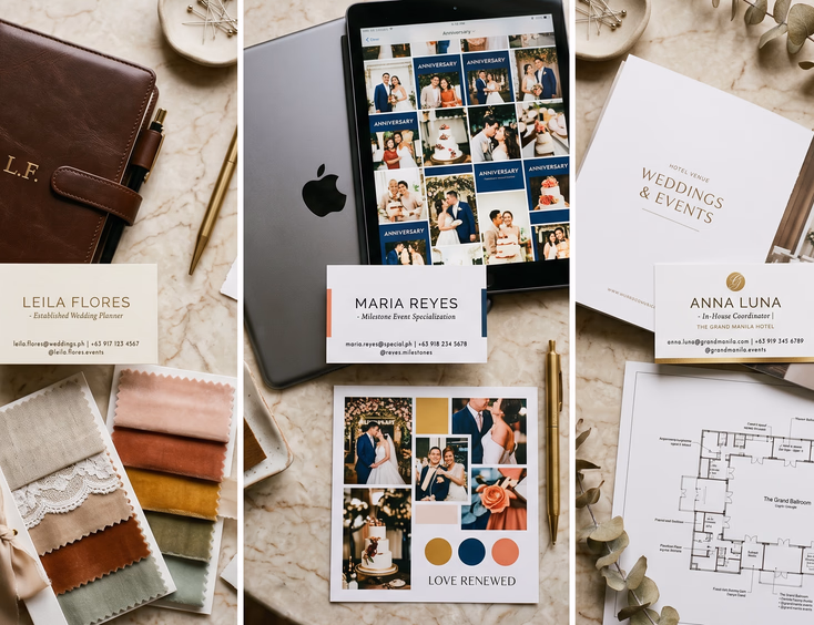 Styled flat-lay comparison of three Filipino wedding and event coordinator business cards and tools.