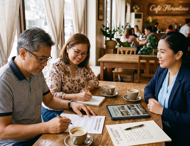 Filipino couple and coordinator reviewing a service contract during a cafe consultation.