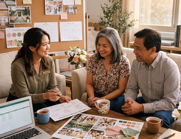 Filipino wedding planner and couple reviewing a timeline and mood board in a design studio.
