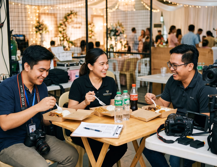 Filipino wedding photographer, coordinator, and videographer eating boxed crew meals at a reception venue.