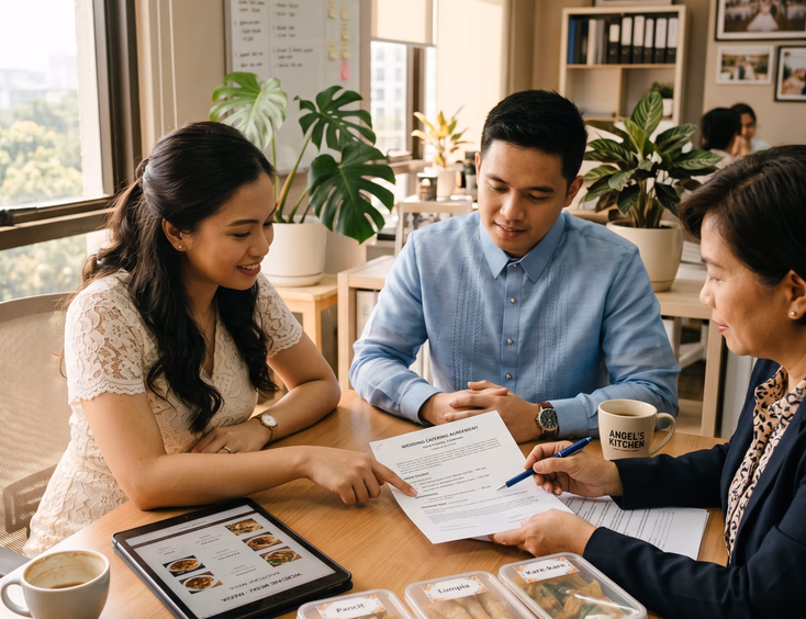 Filipino bride and groom reviewing a wedding catering contract with a professional caterer in a modern office.