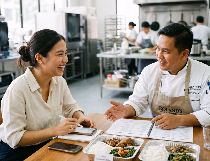 Filipino bride-to-be negotiating wedding catering and crew meal options with a professional chef in a showroom.