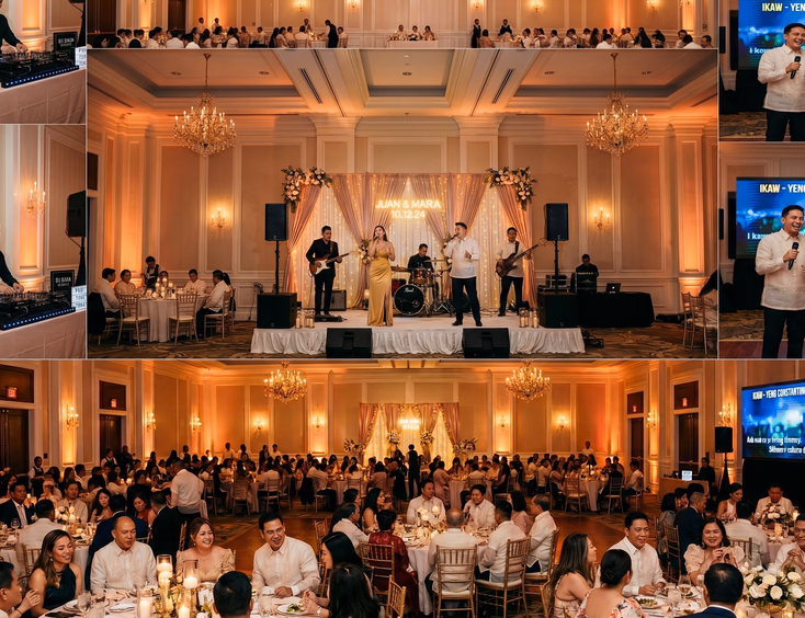 Wide shot of a Filipino wedding reception ballroom featuring a DJ, live band on stage, and videoke entertainment zone with guests at round tables