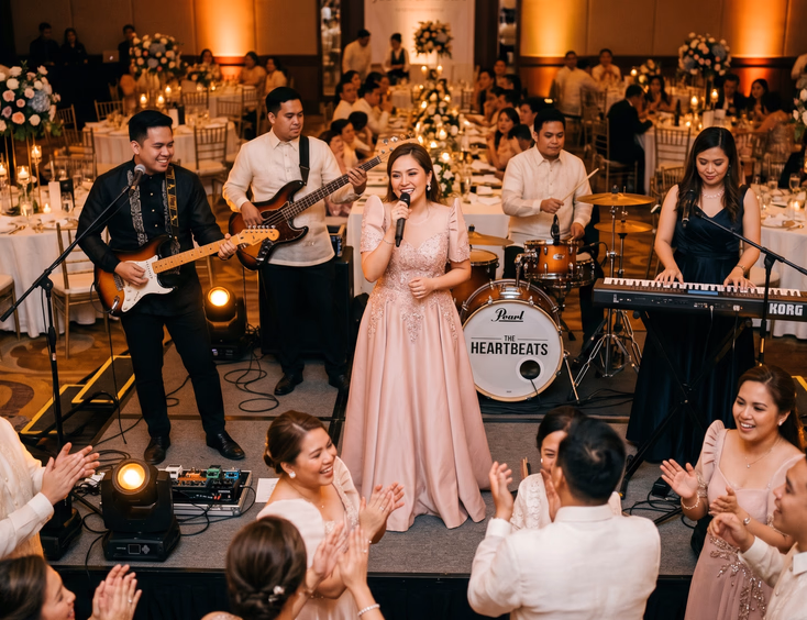 Five-piece Filipino wedding band with female vocalist performing on stage at an elegant indoor Filipino wedding reception