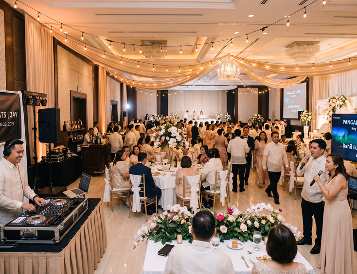Filipino wedding DJ console and videoke setup with standing microphones at an indoor Filipino wedding reception hall
