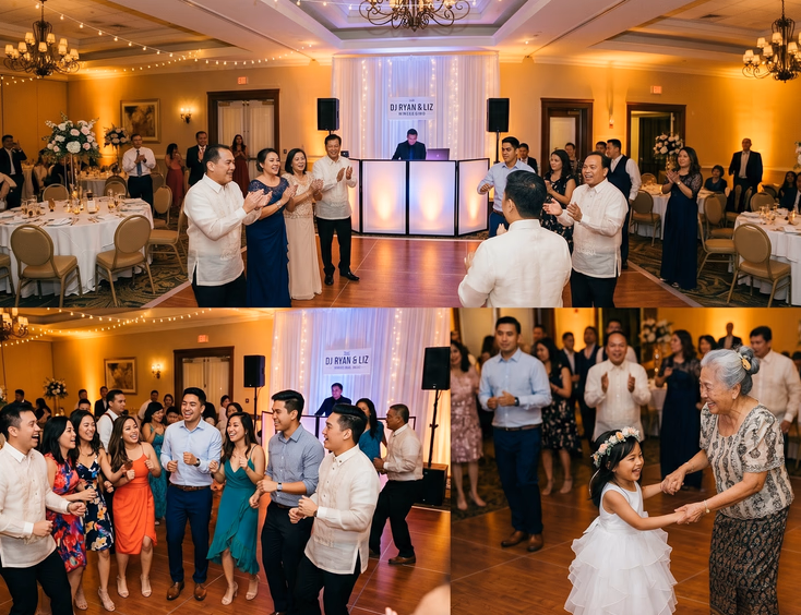 Multiple generations of Filipino wedding guests dancing together on the reception dance floor with elderly lola, flower girl, young adults, and titos and titas