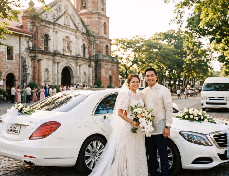 Filipino bride and groom in formal wedding attire smiling beside a decorated white luxury bridal car parked in front of a historic Philippine church with a tree-lined street and white van visible in the background at soft afternoon light
