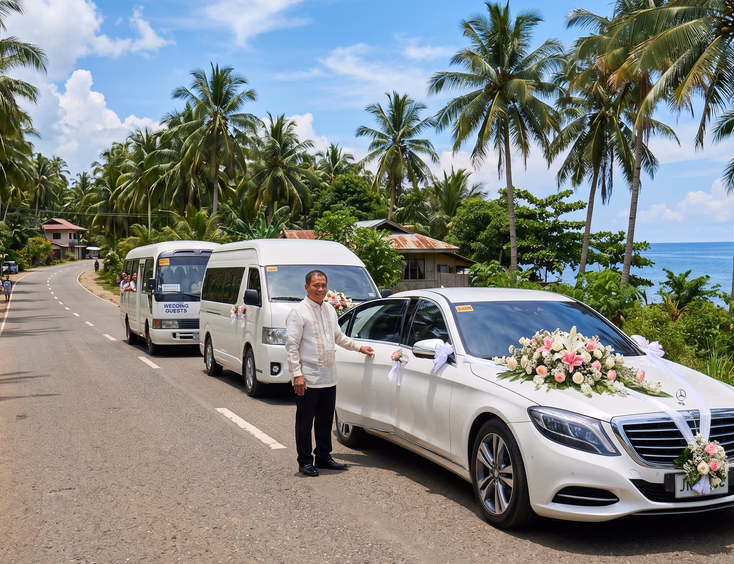 Filipino bride and groom in formal wedding attire smiling beside a decorated white luxury bridal car parked in front of a historic Philippine church with a tree-lined street and white van visible in the background at soft afternoon light